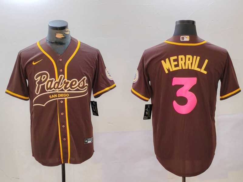 Mens San Diego Padres #3 Jackson Merrill Brown Cool Base Stitched Baseball Jerseys